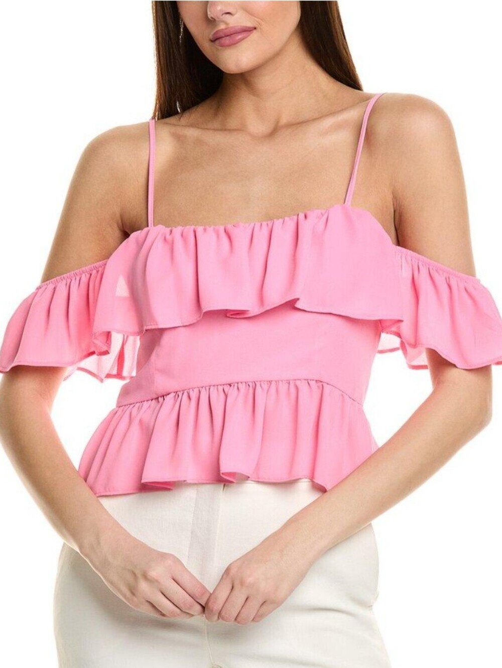 1st. State Women's Pink Ruffle Top - Picture 2 of 8